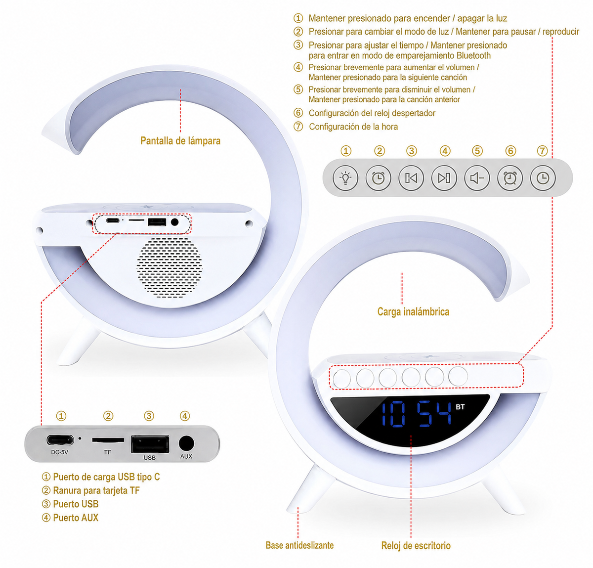 Lámpara Inteligente 7 en 1 con Reloj y Parlante Bluetooth