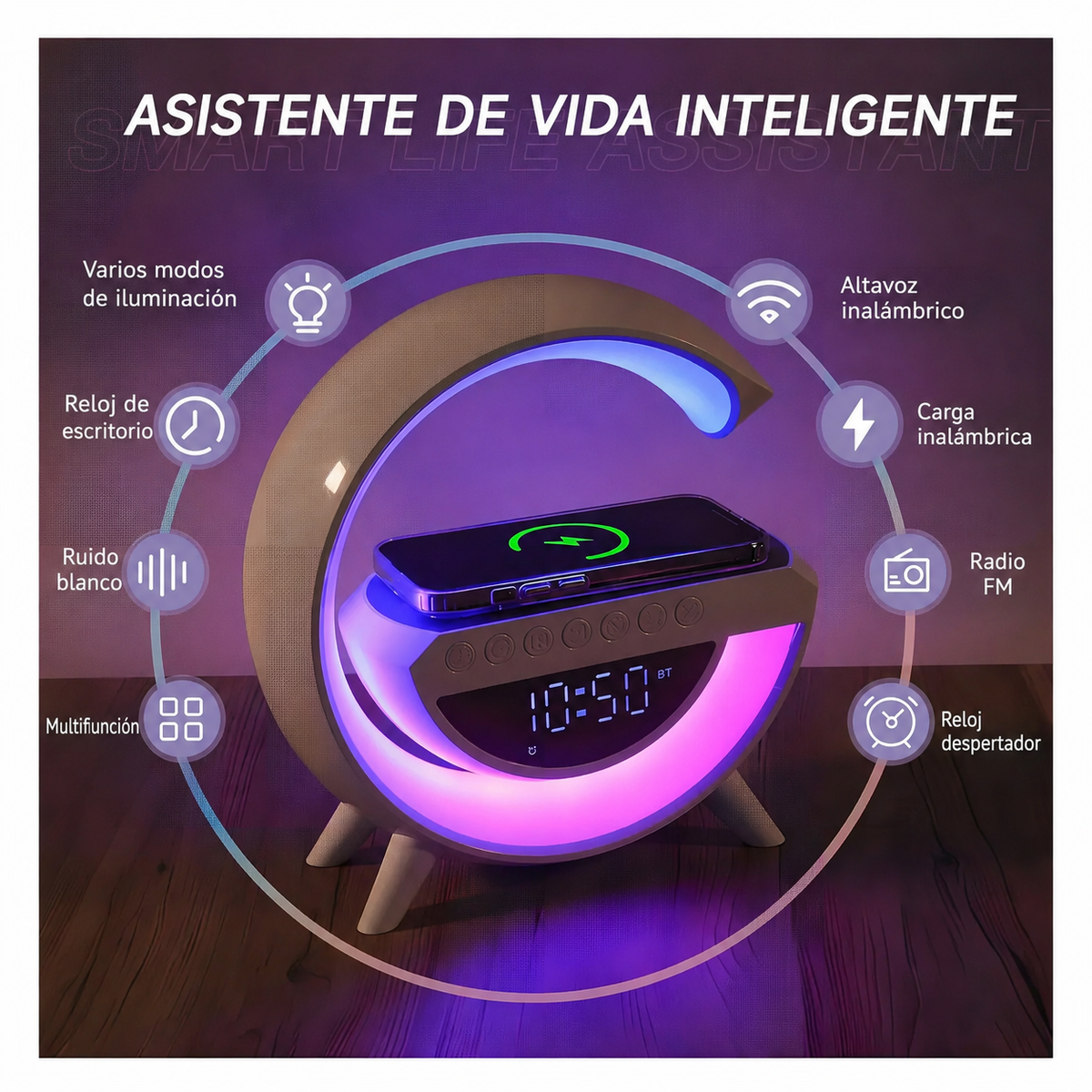 Lámpara Inteligente 7 en 1 con Reloj y Parlante Bluetooth