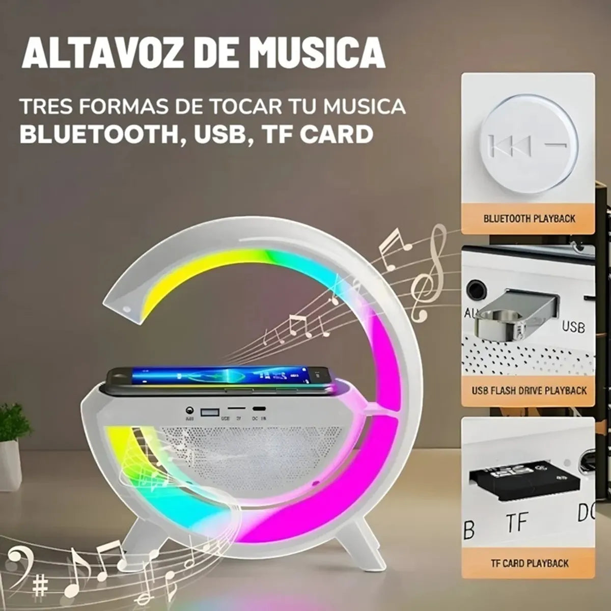 Lámpara Inteligente 7 en 1 con Reloj y Parlante Bluetooth